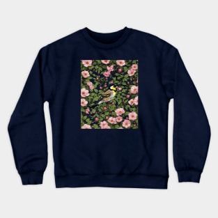 An Eastern Goldfinch Amongst Pink Colored Wild Roses Crewneck Sweatshirt